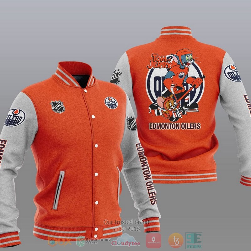 NEW Edmonton Oilers NHL Tom And Jerry Varsity Baseball Jacket 6 Edmonton Oilers NHL Tom And Jerry Baseball Jacket 1 2 3 4 5