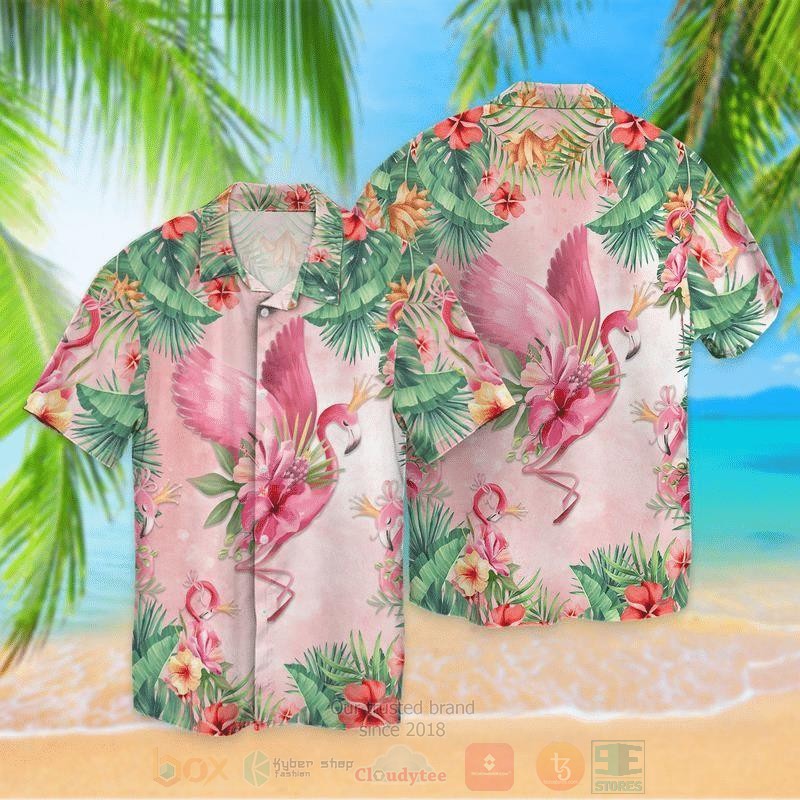 Flamingo Bird With Flowers Short Sleeve Hawaiian Shirt