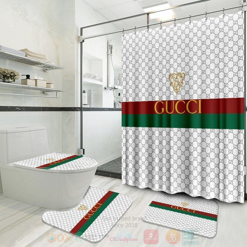 Gucci Tiger Pattern Full White Inspired Luxury Shower Curtain Set