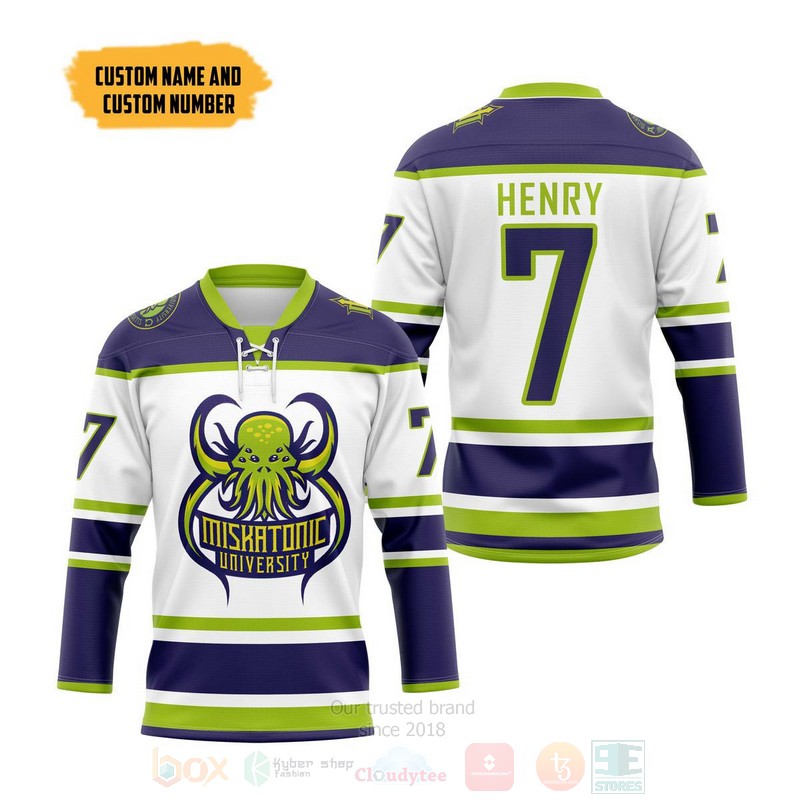 BEST HP Lovecraft Cthulhu Miskatonic Personalized White Jersey Hockey 3 HP Lovecraft Cthulhu Miskatonic Personalized White Hockey Jersey 1 2