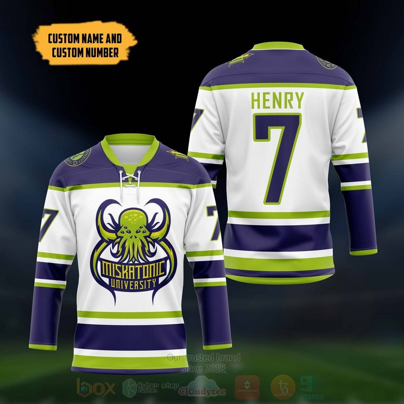 BEST HP Lovecraft Cthulhu Miskatonic Personalized White Jersey Hockey 4 HP Lovecraft Cthulhu Miskatonic Personalized White Hockey Jersey 1 2 3
