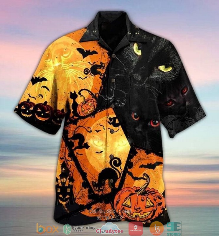 Halloween Black Cat And Pumpkin Short Sleeve Hawaiian Shirt