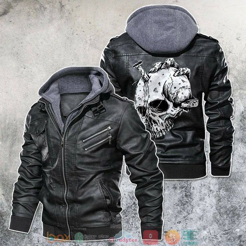 Hand Holds Skiked Skull Motorcycle Rider Art Leather Jacket