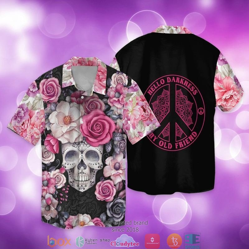 Hippie Skull Flowers Hello Darkness My Old Friend Love Peace Short Sleeve Hawaiian Shirt