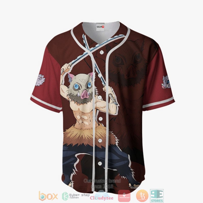 Inosuke Demon Slayer Red Baseball Jersey Shirt 2 Inosuke Demon Slayer Red Baseball Jersey Shirt 1
