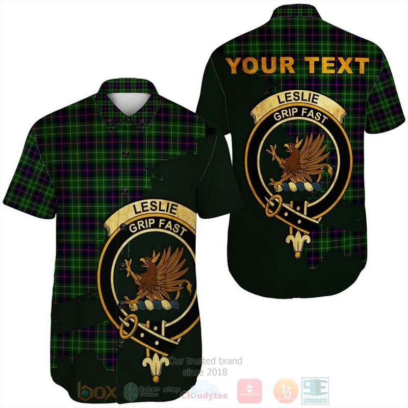 Leslie Hunting Tartan Crest Custom Name Short Sleeve Hawaiian Shirt
