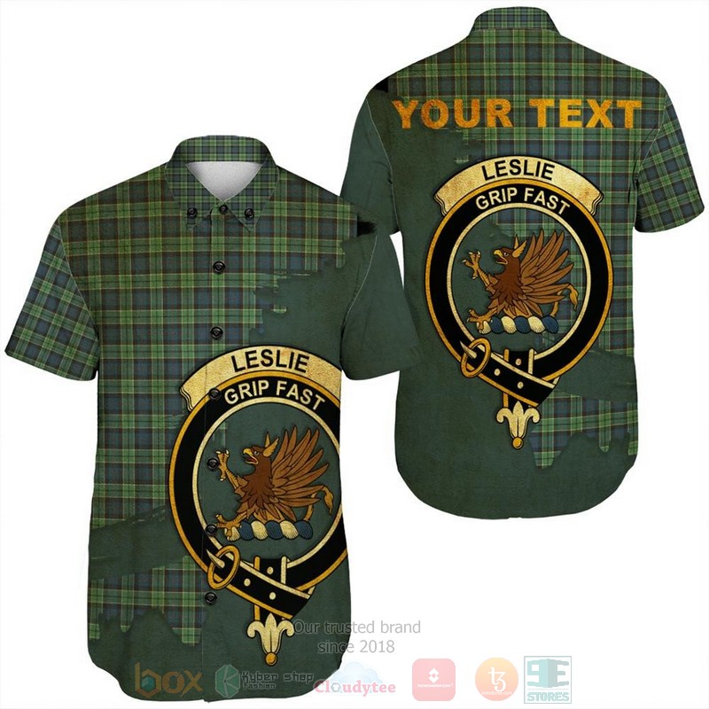Leslie Modern Tartan Crest Custom Name Short Sleeve Hawaiian Shirt