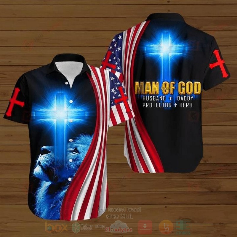 Lion Cross American Flags 4th of July Independence Day Man of God Husband Daddy Protector Hero Short Sleeve Hawaiian Shirt