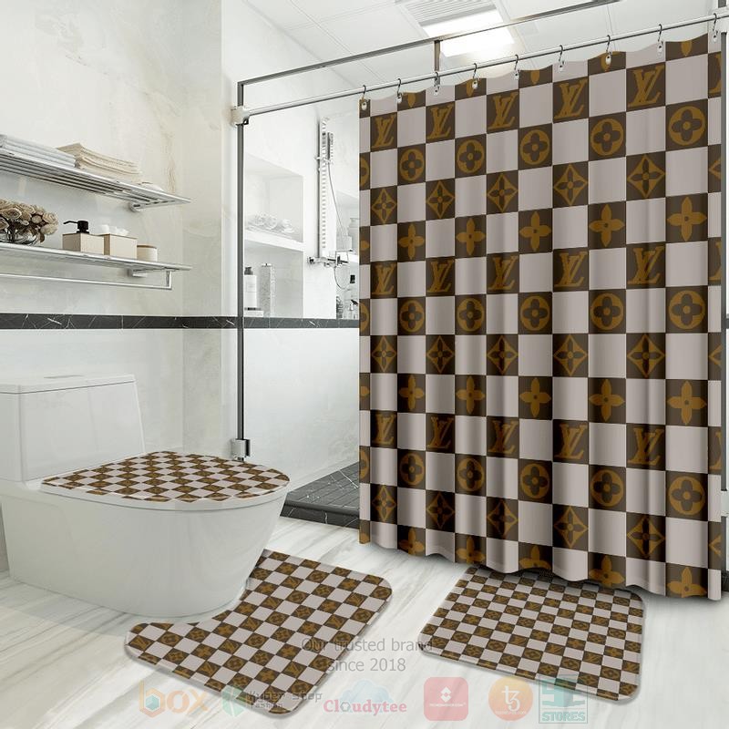 Louis Vuitton Brown Grey Caro Pattern Inspired Luxury Shower Curtain Set