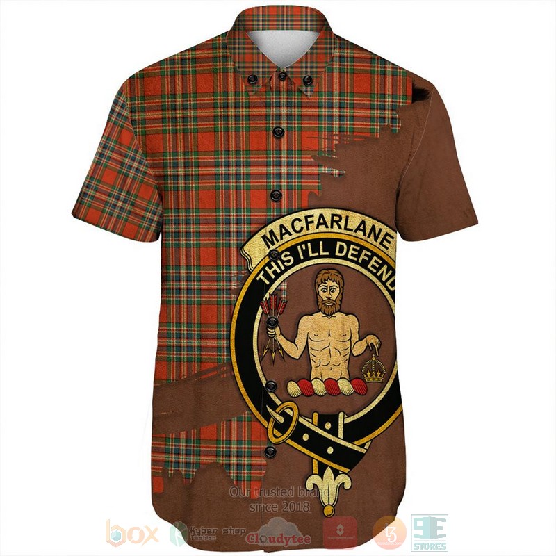 MacFarlane Black and White Ancient Tartan Crest Custom Name Short Sleeve Hawaiian Shirt 1