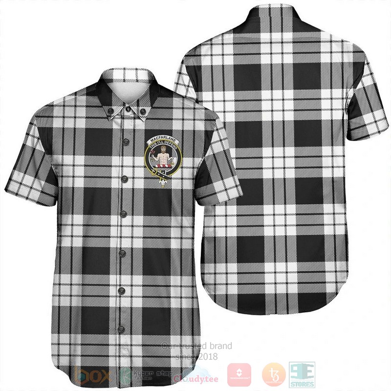 BEST MacFarlane Black and White Ancient Tartan Crest Aloha Shirt 6 MacFarlane Black and White Ancient Tartan Crest Short Sleeve Hawaiian Shirt