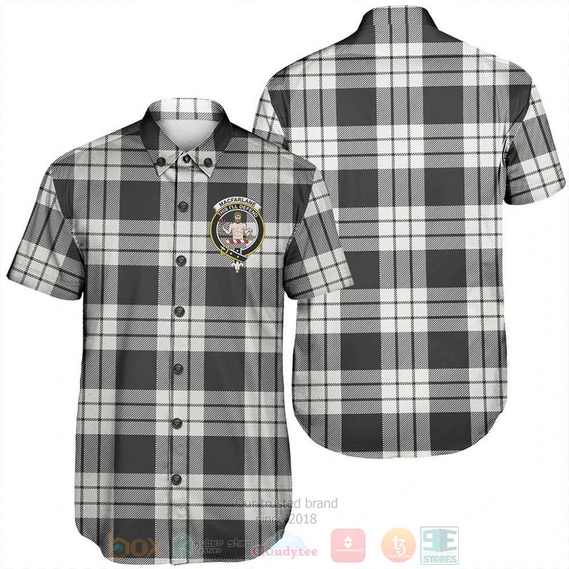 MacFarlane Black and White Tartan Crest Short Sleeve Hawaiian Shirt