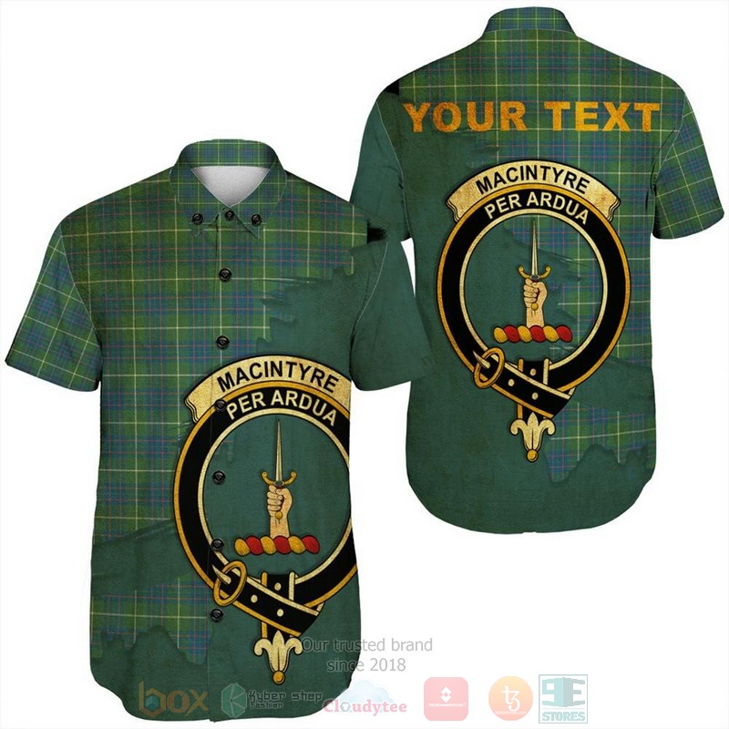 MacIntyre Hunting Modern Tartan Crest Custom Name Short Sleeve Hawaiian Shirt
