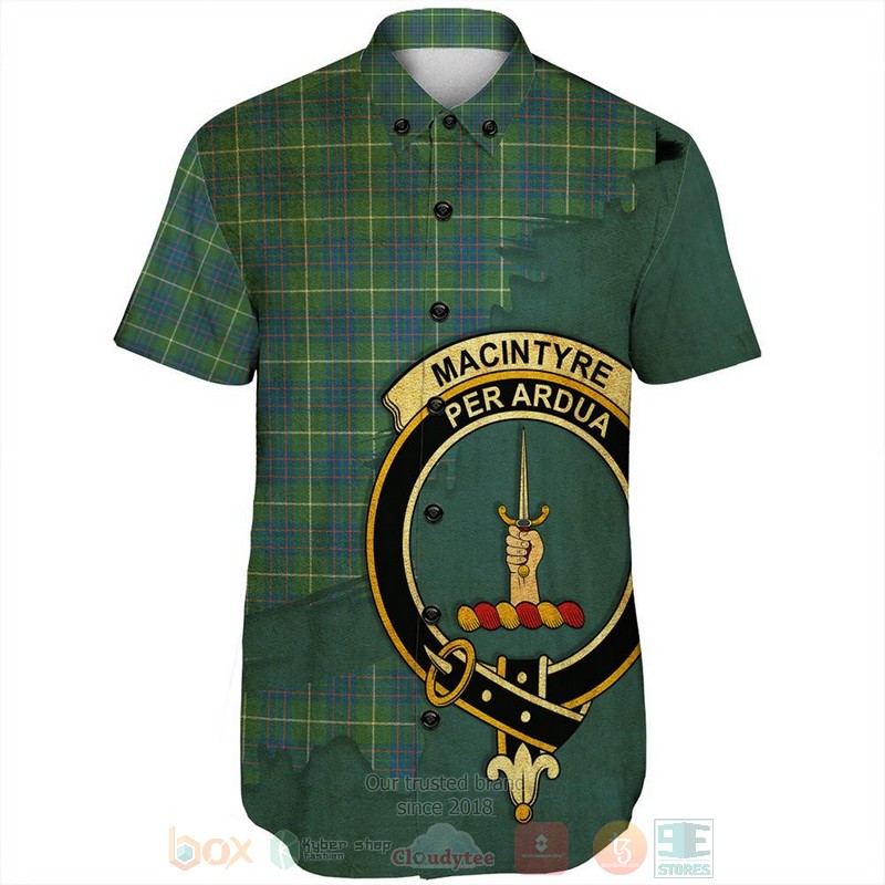 MacIntyre Hunting Modern Tartan Crest Custom Name Short Sleeve Hawaiian Shirt 1