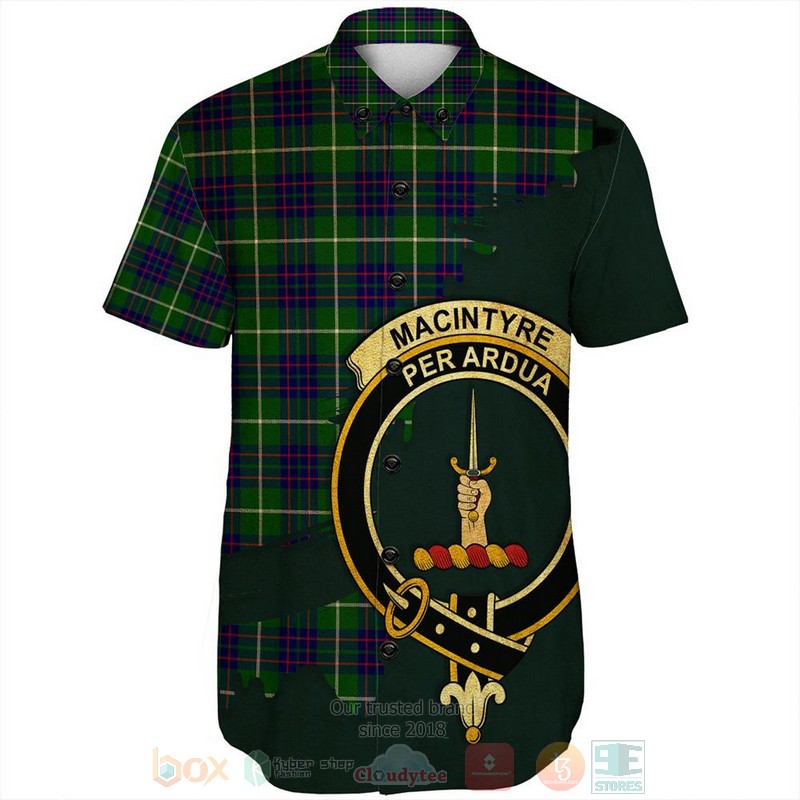 MacIntyre Hunting Weathered Tartan Crest Custom Name Short Sleeve Hawaiian Shirt 1