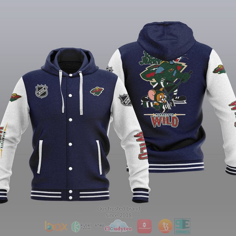NEW Minnesota Wild NHL Tom And Jerry Hoodie Baseball Jacket 3 Minnesota Wild NHL Tom And Jerry Baseball Hoodie Jacket 1 2