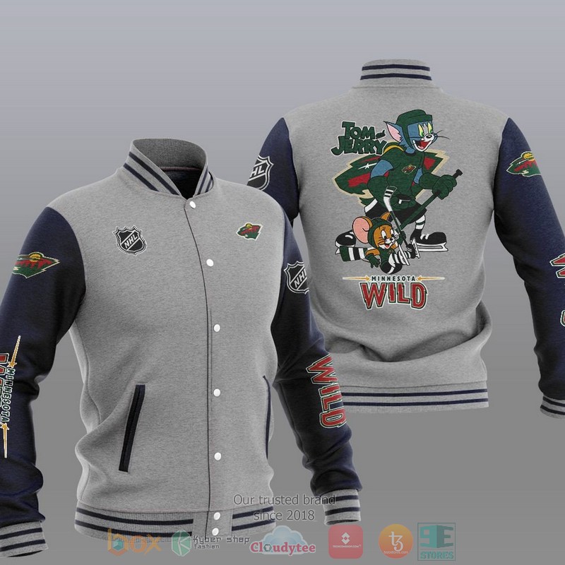 NEW Minnesota Wild NHL Tom And Jerry Varsity Baseball Jacket 2 Minnesota Wild NHL Tom And Jerry Baseball Jacket 1