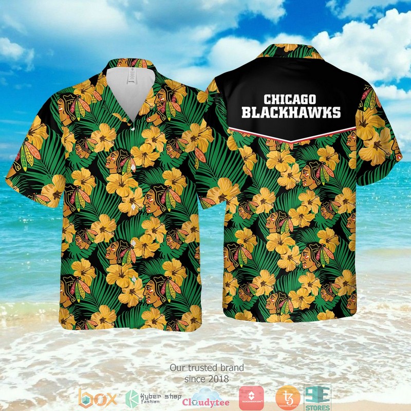 NHL Chicago Blackhawks Hibiscus Black Hawaian Summer Outfit 2 NHL Chicago Blackhawks Hibiscus Black Hawaian Summer Outfit 1
