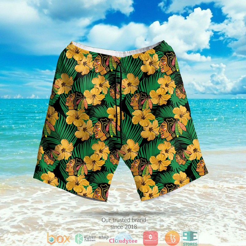 NHL Chicago Blackhawks Hibiscus Black Hawaian Summer Outfit 3 NHL Chicago Blackhawks Hibiscus Black Hawaian Summer Outfit 1 2