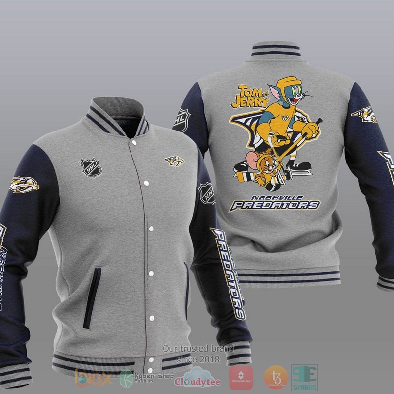 NEW Nashville Predators NHL Tom And Jerry Varsity Baseball Jacket 2 Nashville Predators NHL Tom And Jerry Baseball Jacket 1