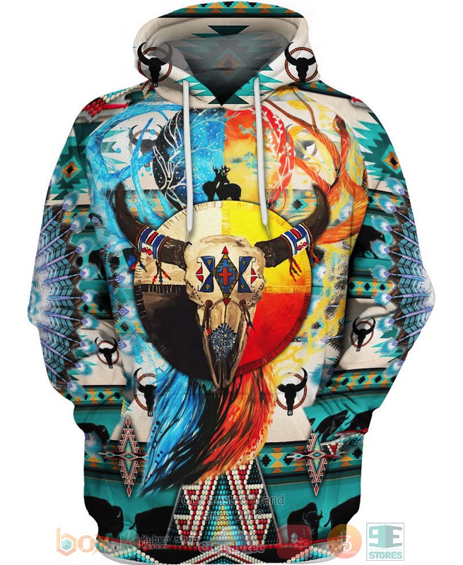 HOT Native American Buffalo Skull Dear art All Over Printed 3D Hoodie 5 Native American Buffalo Skull Dear art 3D Hoodie