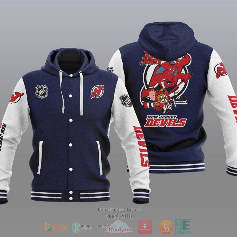 NEW New Jersey Devils NHL Tom And Jerry Hoodie Baseball Jacket 3 New Jersey Devils NHL Tom And Jerry Baseball Hoodie Jacket 1 2
