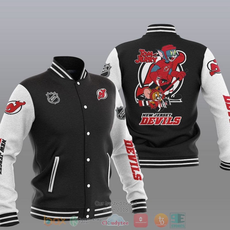 NEW New Jersey Devils NHL Tom And Jerry Varsity Baseball Jacket 1 New Jersey Devils NHL Tom And Jerry Baseball Jacket