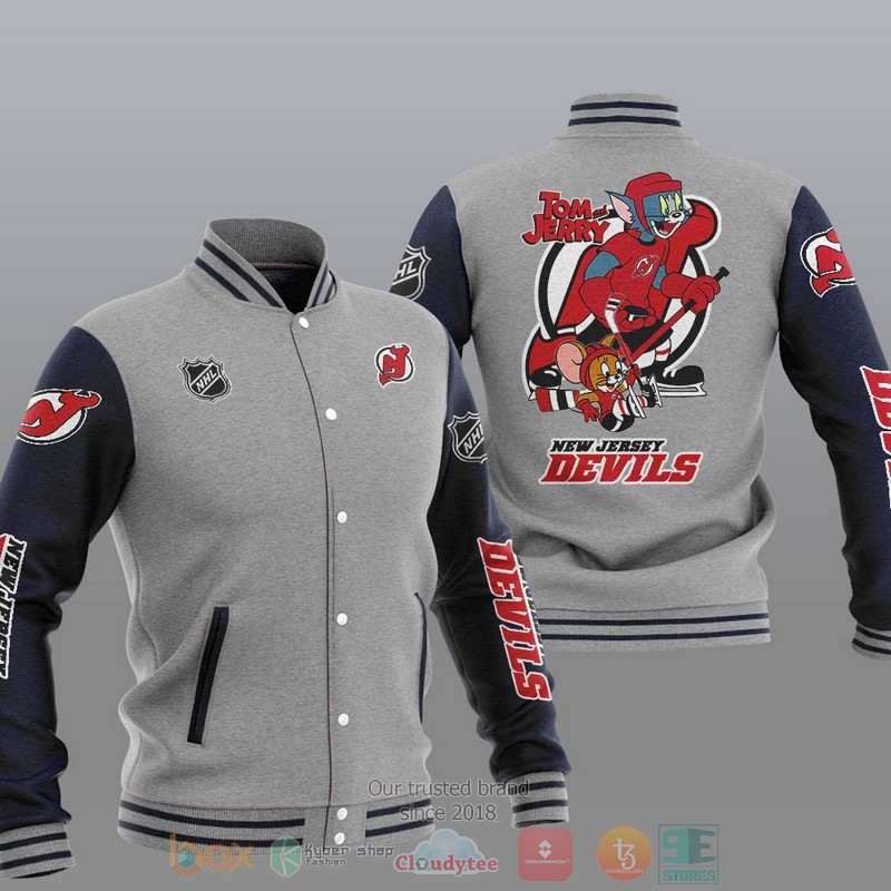 NEW New Jersey Devils NHL Tom And Jerry Varsity Baseball Jacket 2 New Jersey Devils NHL Tom And Jerry Baseball Jacket 1