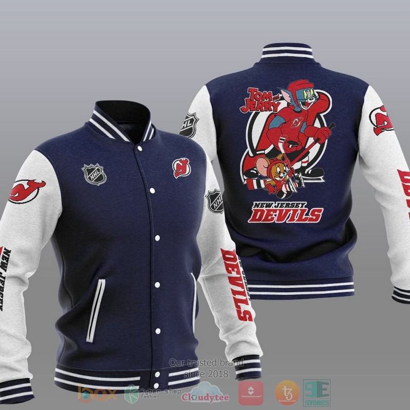 NEW New Jersey Devils NHL Tom And Jerry Varsity Baseball Jacket 3 New Jersey Devils NHL Tom And Jerry Baseball Jacket 1 2