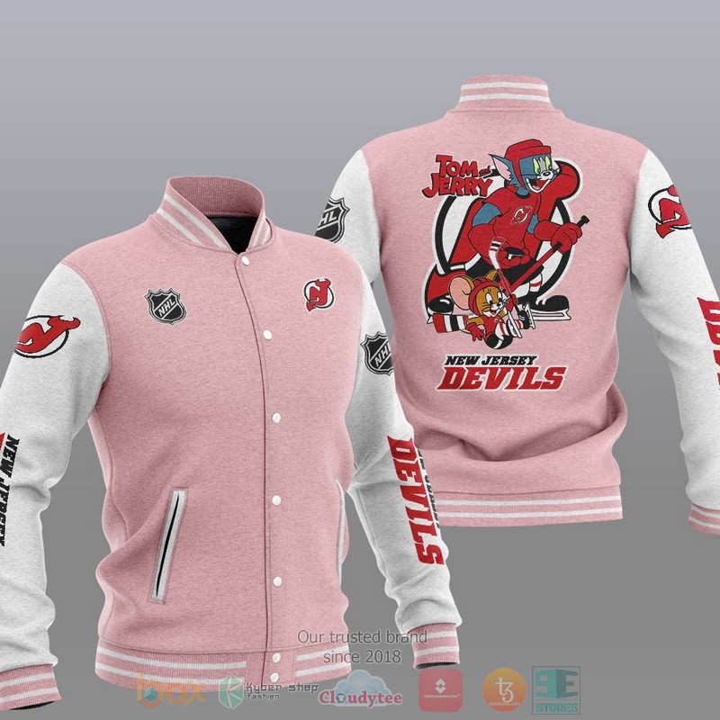 NEW New Jersey Devils NHL Tom And Jerry Varsity Baseball Jacket 4 New Jersey Devils NHL Tom And Jerry Baseball Jacket 1 2 3