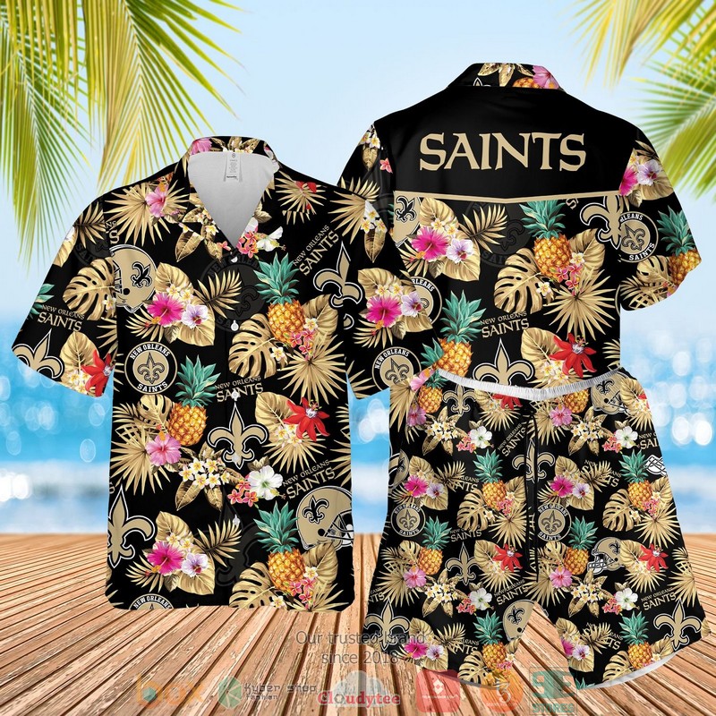 New Orleans Saints NFL pineapple black Hawaiian Shirt Shorts