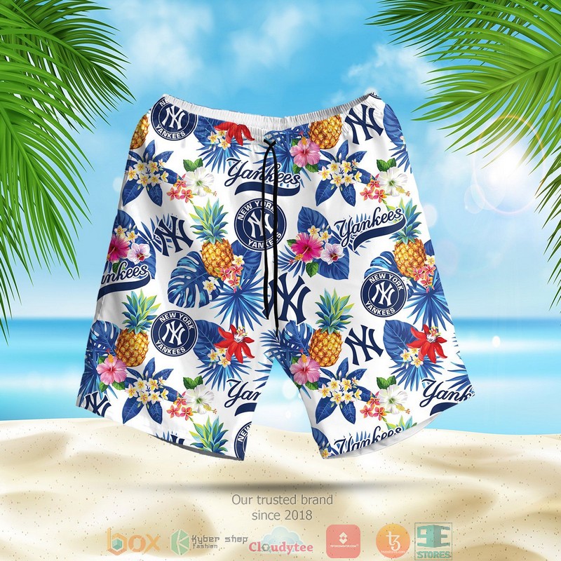 NEW New York Yankees MLB pineapple white blue Summer Hawaii Shirt, Shorts 3 New York Yankees MLB pineapple white blue Hawaiian Shirt Shorts 1 2