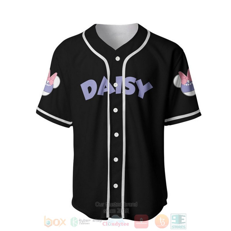 BEST Personalized Cute Purple Daisy Duck Printed Black Baseball Jersey Shirt 2 Personalized Cute Purple Daisy Duck All Over Print Black Baseball Jersey 1