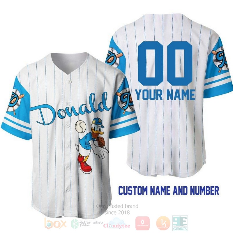 BEST Personalized Donald Duck Printed Pinstripe White Baseball Jersey Shirt 5 Personalized Donald Duck All Over Print Pinstripe White Baseball Jersey