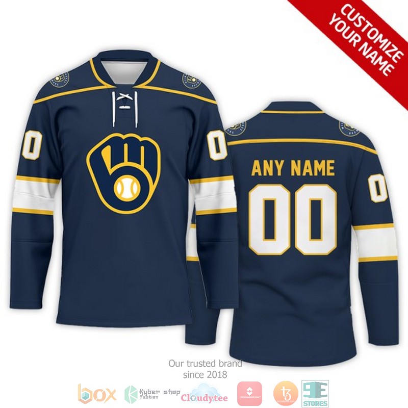 Personalized MLB Milwaukee Brewers Navy Custom Hockey Jersey