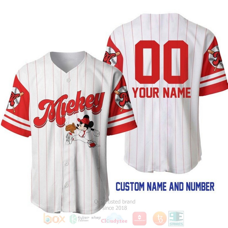 BEST Personalized Mickey Mouse Printed Pinstripe White Baseball Jersey Shirt 2 Personalized Mickey Mouse All Over Print Pinstripe White Baseball Jersey
