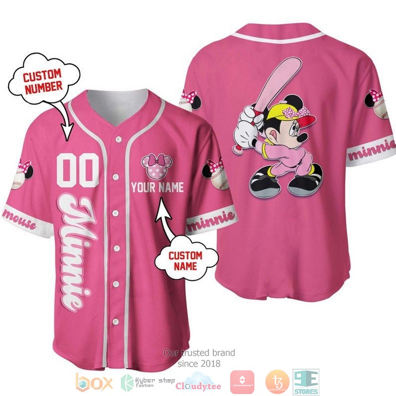Personalized Minnie Mouse Playing Baseball Pink Baseball Jersey 5 Personalized Minnie Mouse Playing Baseball Pink Baseball Jersey