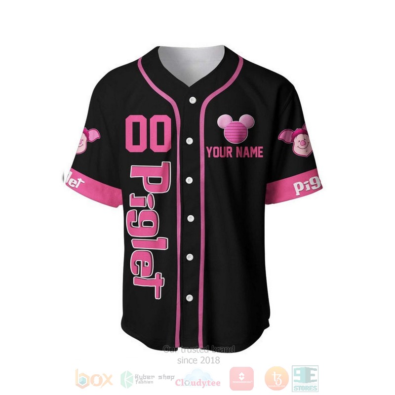 Personalized Piglet Winnie The Pooh Playing Baseball All Over Print Black Baseball Jersey 1