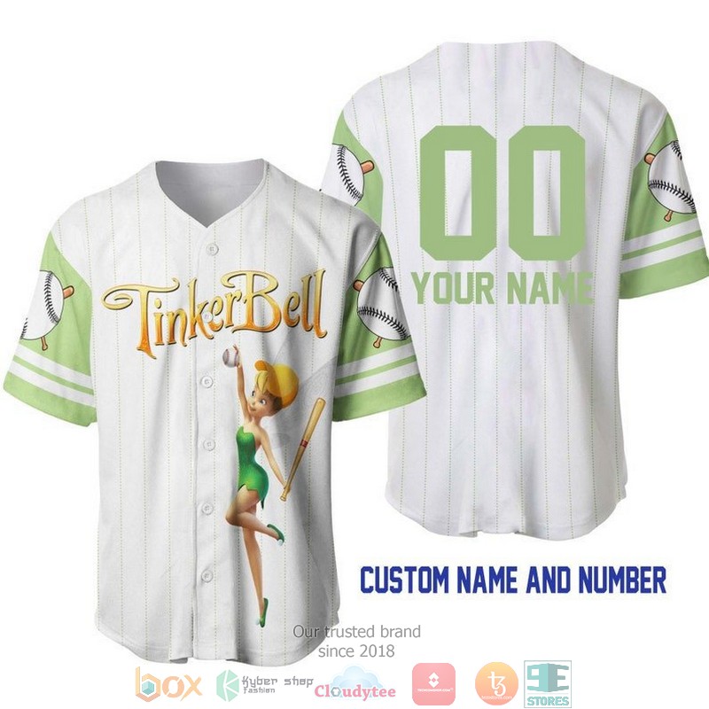Personalized Tinker Bell Pinstripe White Baseball Jersey 1 Personalized Tinker Bell Pinstripe White Baseball Jersey