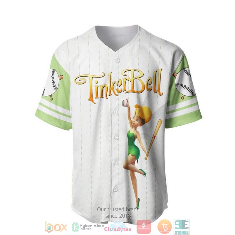 Personalized Tinker Bell Pinstripe White Baseball Jersey 2 Personalized Tinker Bell Pinstripe White Baseball Jersey 1
