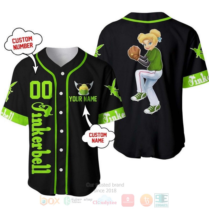 Personalized Tinker Bell Playing Baseball All Over Print Black Baseball Jersey