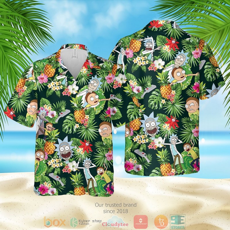 NEW Rick and Morty pineapple green Summer Hawaii Shirt, Shorts 2 Rick and Morty pineapple green Hawaiian Shirt Shorts 1