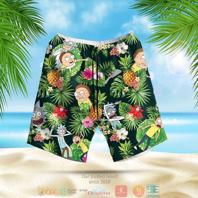 NEW Rick and Morty pineapple green Summer Hawaii Shirt, Shorts 3 Rick and Morty pineapple green Hawaiian Shirt Shorts 1 2