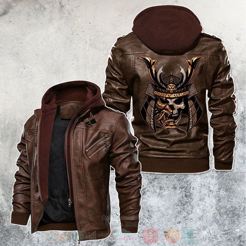 Samurai Skull Golden Battle Mask Motorcycle Leather Jacket 1