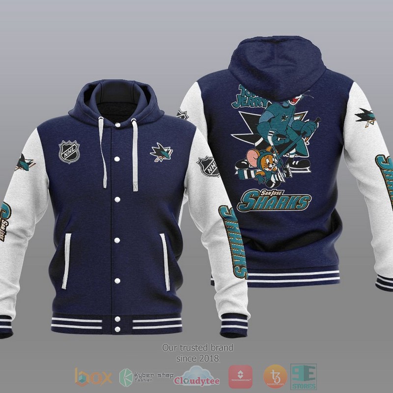 NEW San Jose Sharks NHL Tom And Jerry Hoodie Baseball Jacket 3 San Jose Sharks NHL Tom And Jerry Baseball Hoodie Jacket 1 2