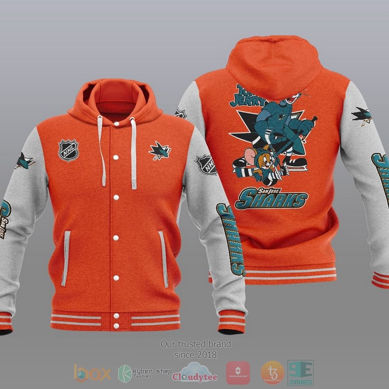 NEW San Jose Sharks NHL Tom And Jerry Hoodie Baseball Jacket 6 San Jose Sharks NHL Tom And Jerry Baseball Hoodie Jacket 1 2 3 4 5