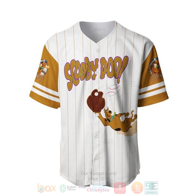 BEST Scooby Doo Dog Printed Pinstripe White Baseball Jersey Shirt 2 Scooby Doo Dog All Over Print Pinstripe White Baseball Jersey 1