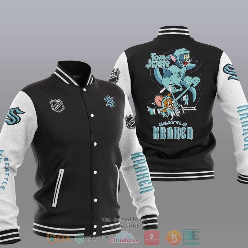 NEW Seattle Kraken NHL Tom And Jerry Varsity Baseball Jacket 1 Seattle Kraken NHL Tom And Jerry Baseball Jacket