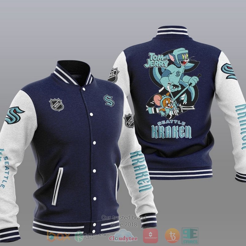NEW Seattle Kraken NHL Tom And Jerry Varsity Baseball Jacket 3 Seattle Kraken NHL Tom And Jerry Baseball Jacket 1 2