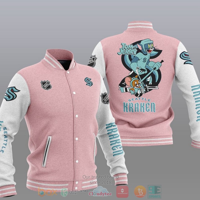 NEW Seattle Kraken NHL Tom And Jerry Varsity Baseball Jacket 4 Seattle Kraken NHL Tom And Jerry Baseball Jacket 1 2 3
